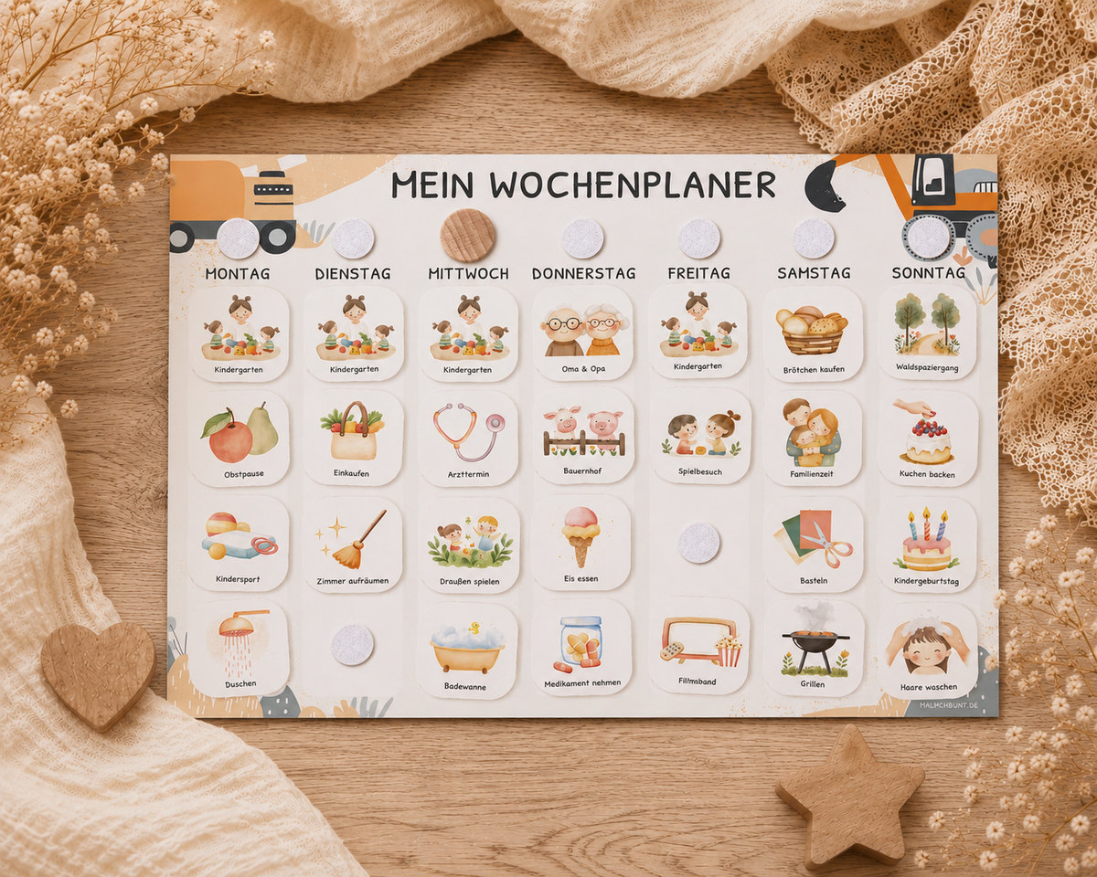 Wochenplaner Kinder inkl. 350 Routinekärtchen - Motiv Bagger