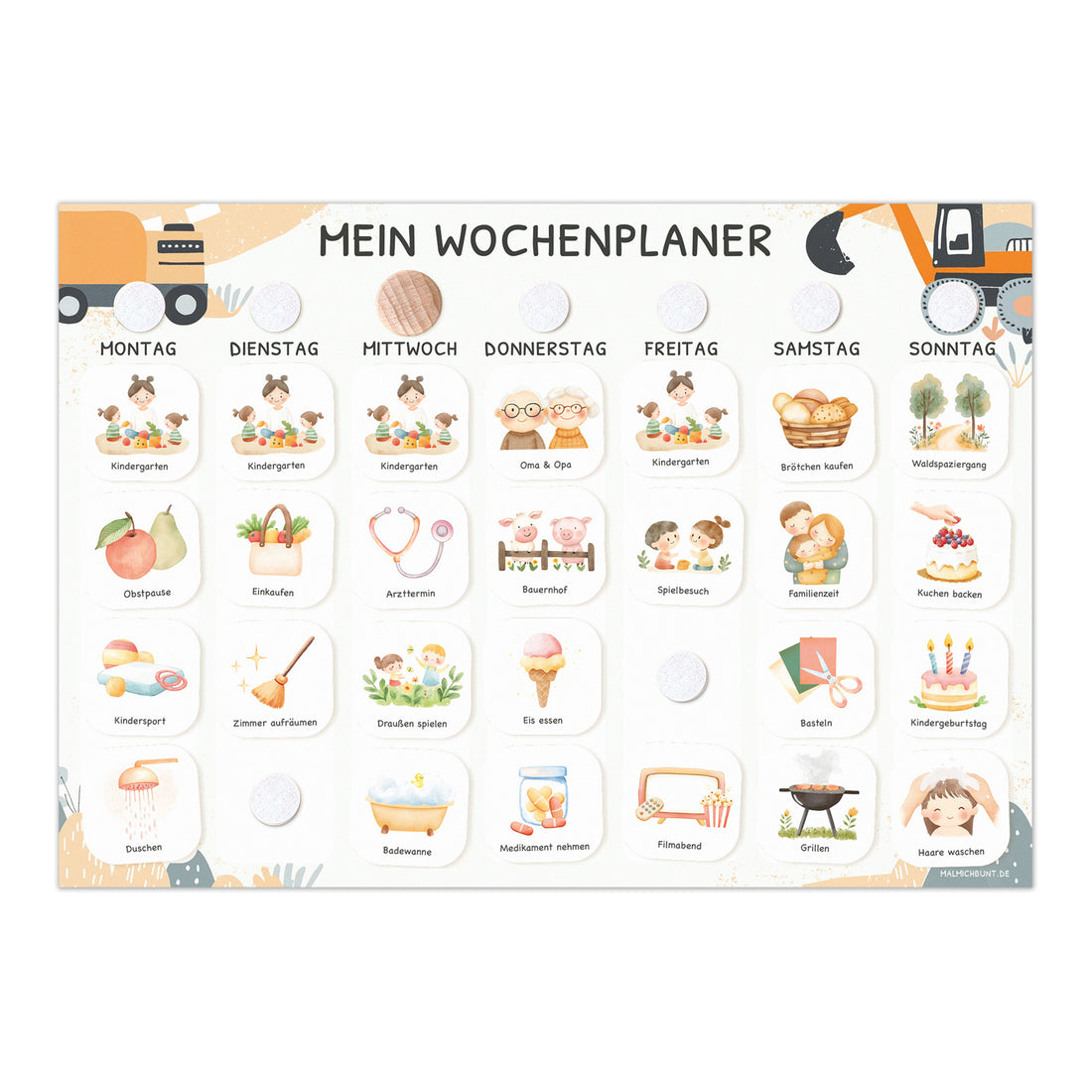 Wochenplaner Kinder inkl. 350 Routinekärtchen - Motiv Bagger