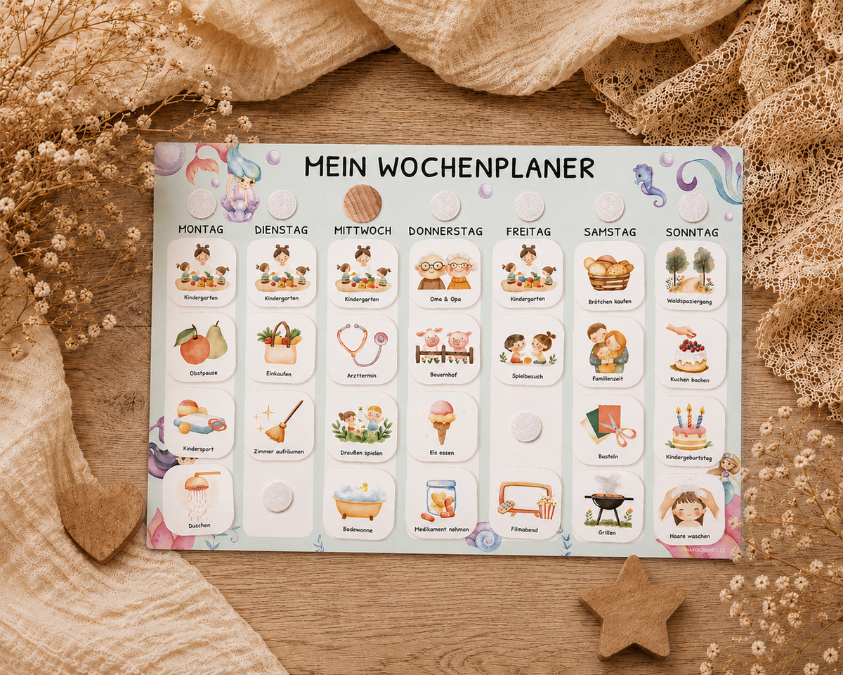 Wochenplaner Kinder inkl. 350 Routinekärtchen - Motiv Meerjungfrau