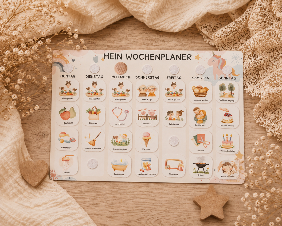 Wochenplaner Kinder inkl. 350 Routinekärtchen - Motiv Einhorn